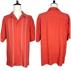 Vintage Silk | Men | 100% Silk Coral Stripe Camp Button Up Resort Shirt | Sz XL